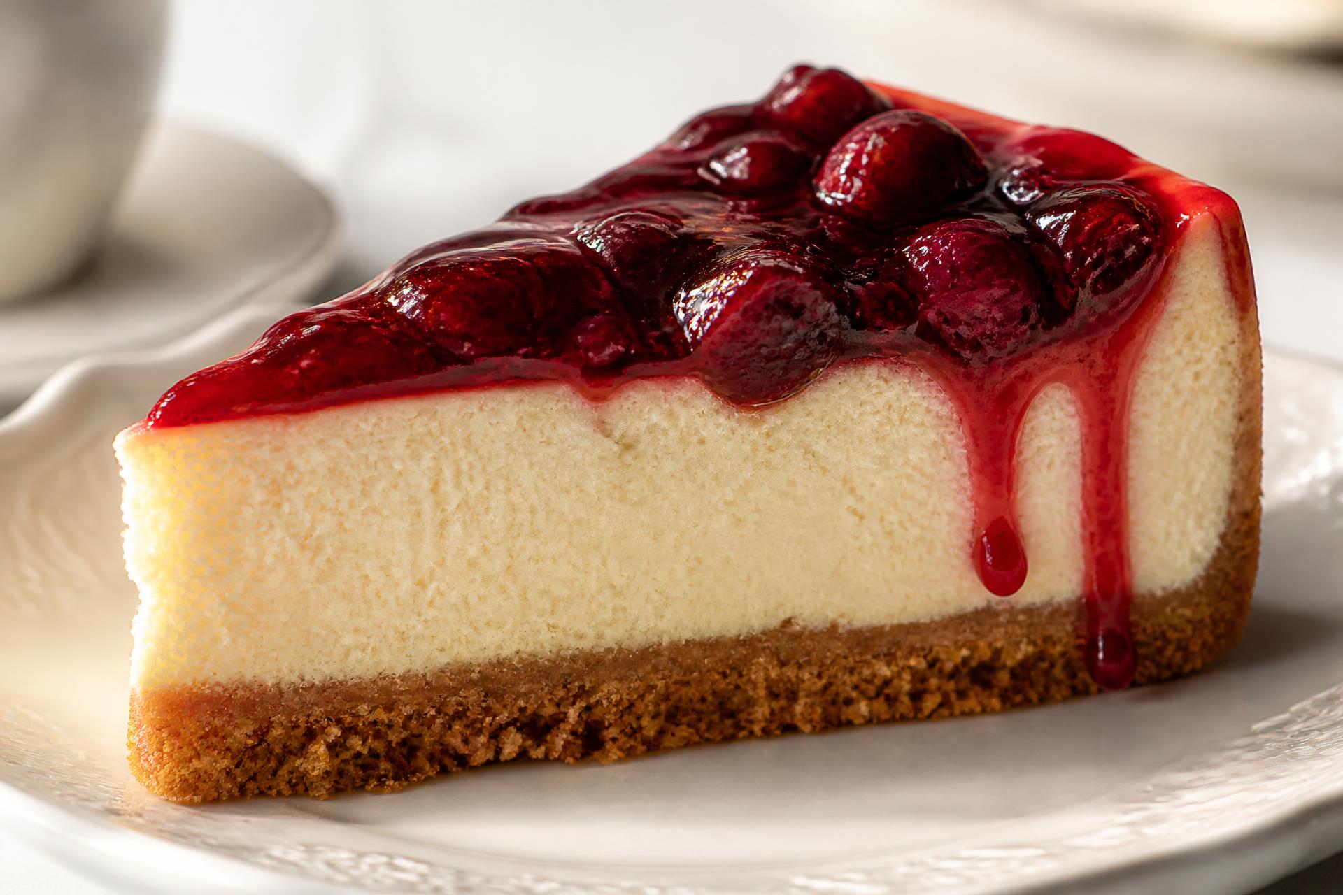 Corte de cheesecake donde se ven la base de galleta, el cuerpo cremoso y la salsa de frutos rojos