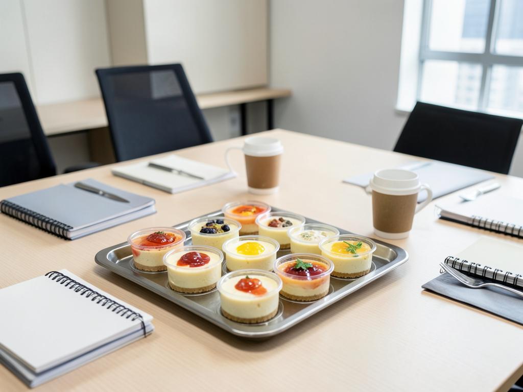 Bandeja de porciones individuales de cheesecake en una mesa de oficina