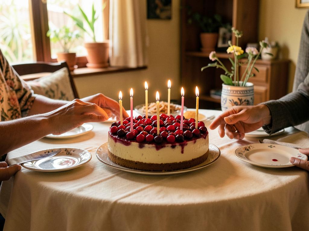 Cheesecake de frutos rojos con velas sobre una mesa de cumpleaños
