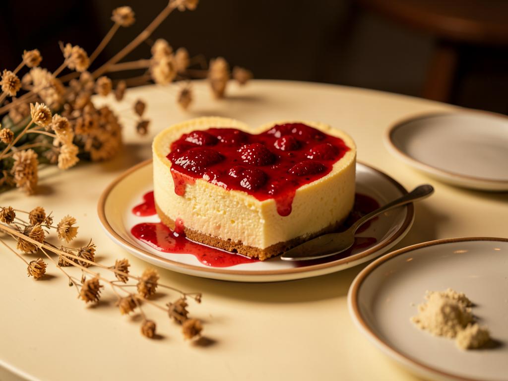Cheesecake en forma de corazón con salsa de fresa sobre una mesa