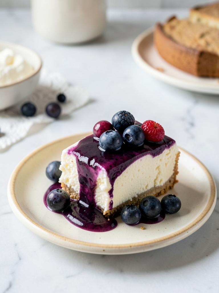 Porción de cheesecake con salsa de agraz sobre plato de cerámica crema