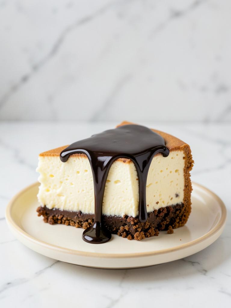 Porción de cheesecake con ganache de chocolate y base de galleta de cacao