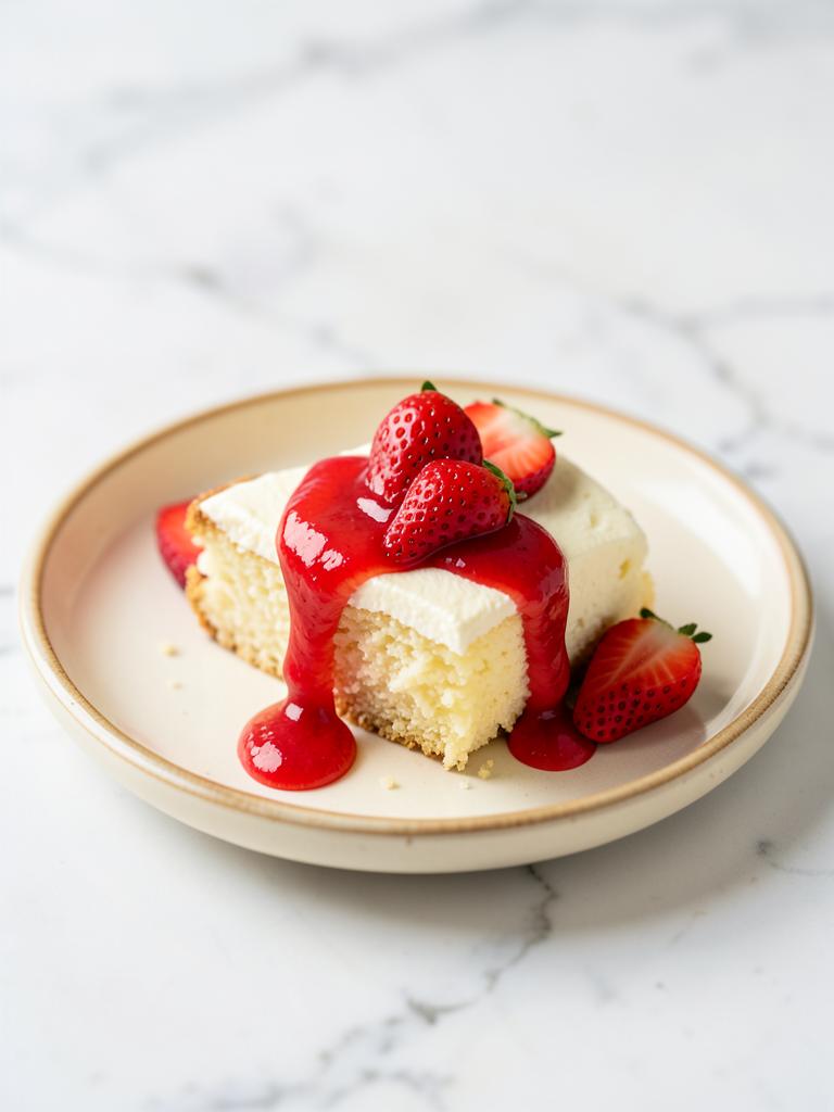 Porción de cheesecake con salsa de fresa y fresas frescas