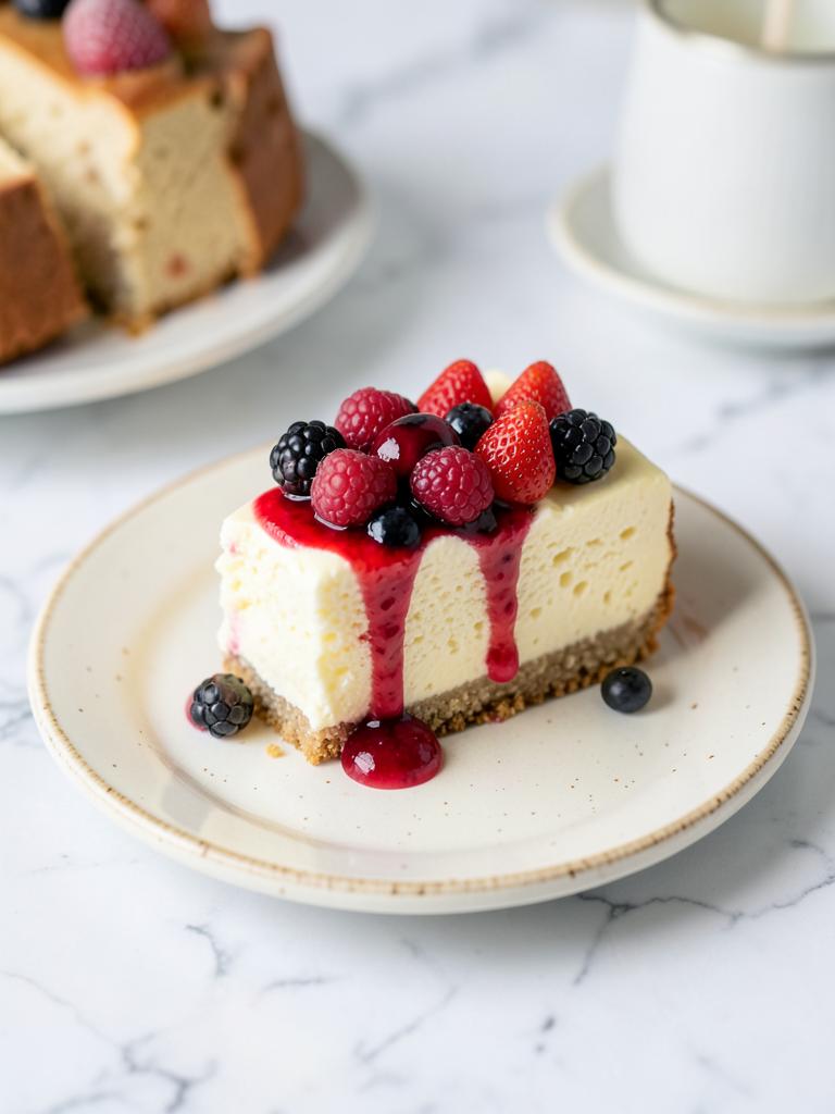 Porción de cheesecake con salsa y fruta de frutos rojos