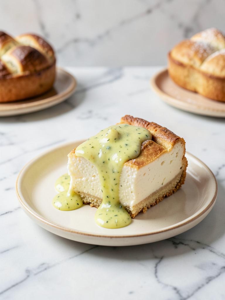 Porción de cheesecake con salsa de lulo