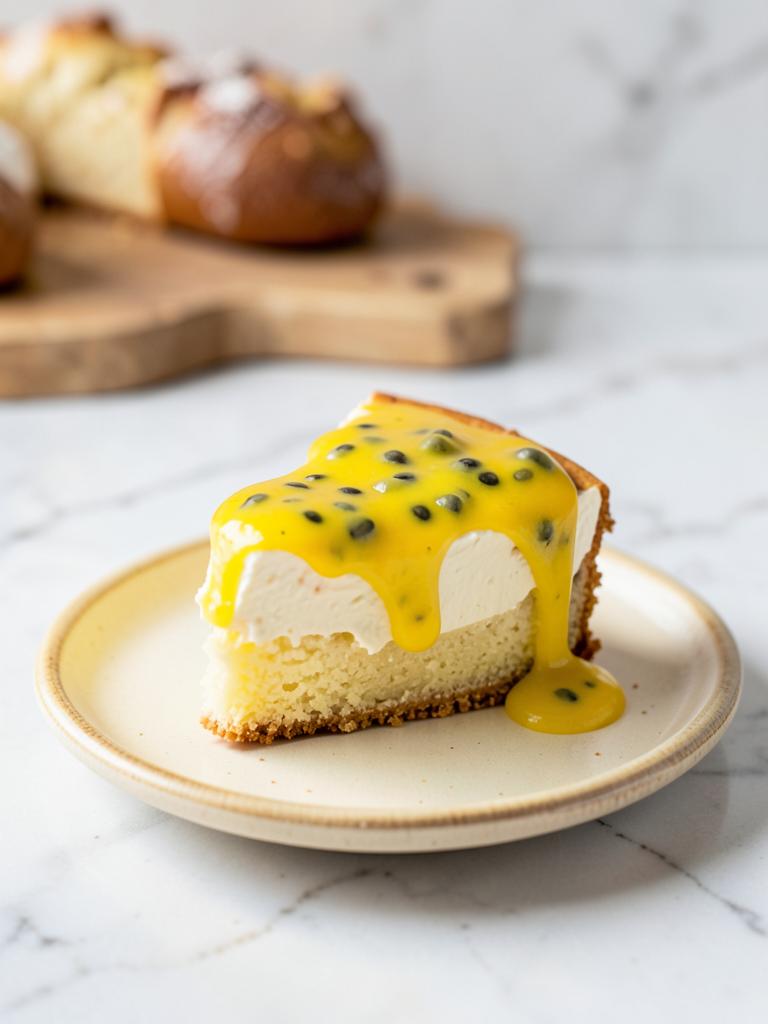 Porción de cheesecake con salsa de maracuyá y semillas