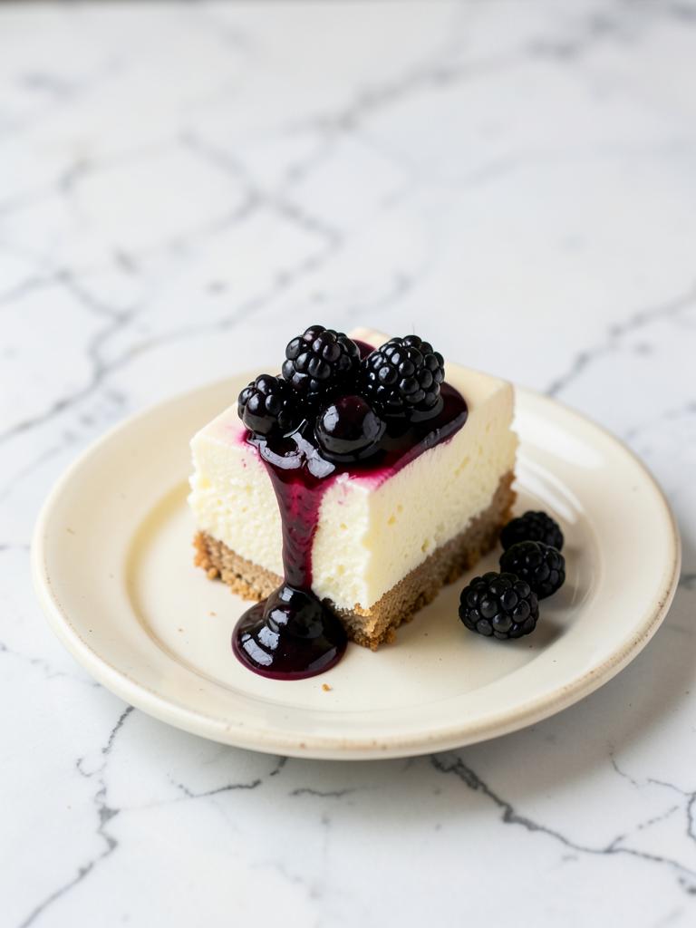 Porción de cheesecake con salsa de mora y moras enteras encima